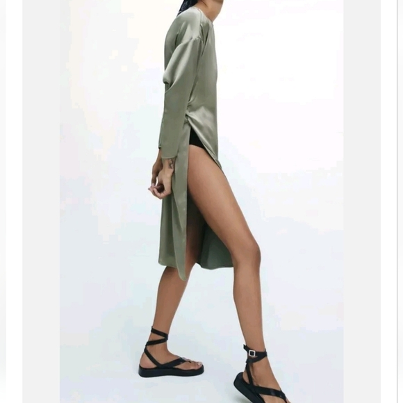 ZARA Olive Green Satin 3/4 Sleeve High Side Slits Midi Dress Top XS - Picture 9 of 13